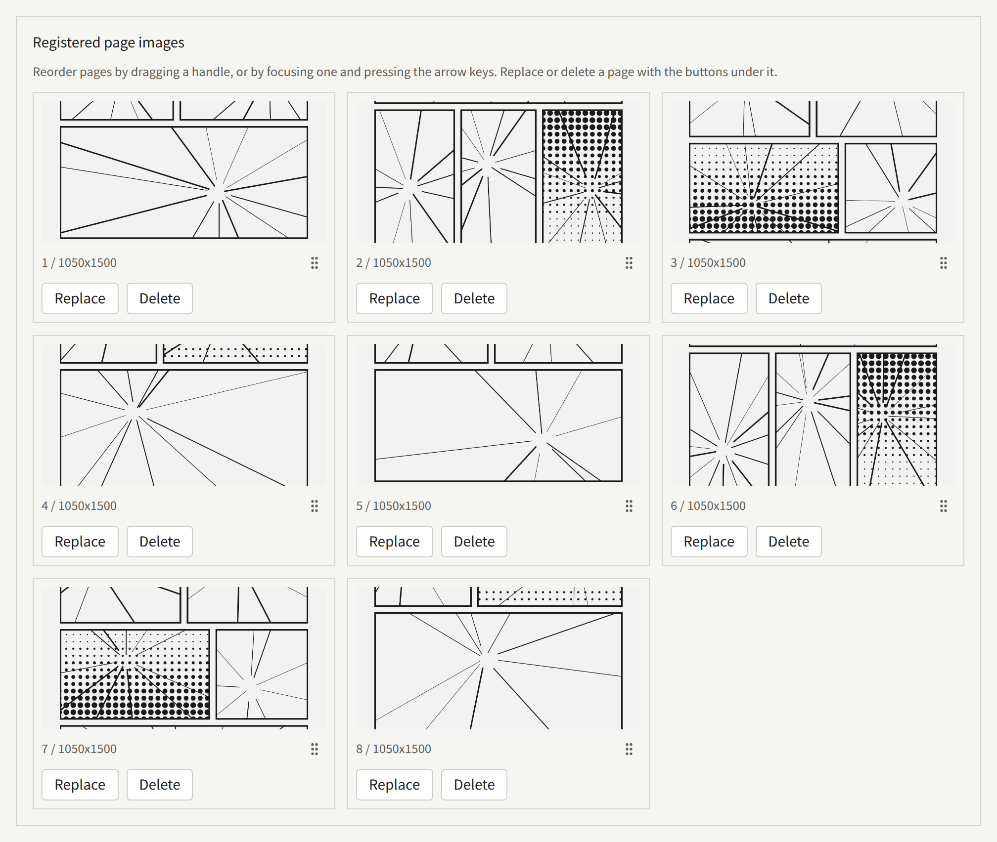 Registered page images: the episode's eight pages in order, each with its number, its size, a drag handle, and Replace and Delete.