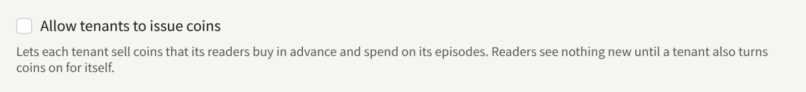 The Allow tenants to issue coins checkbox on Security, with the line under it.