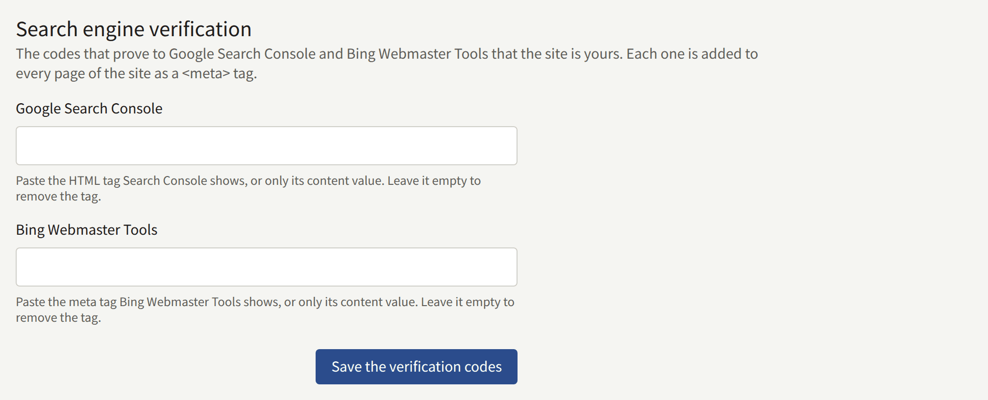 The Search engine verification card: a Google Search Console field and a Bing Webmaster Tools field, each with what to paste under it, and Save the verification codes.