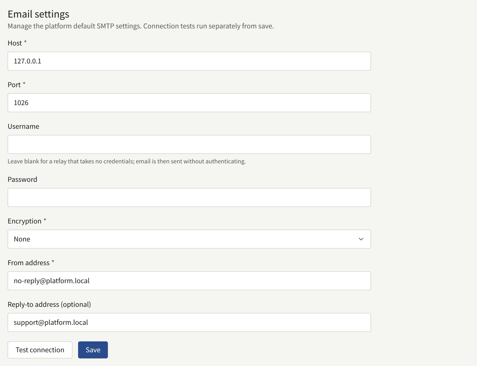 Email settings: Host, Port, Username, Password, Encryption, From address, Reply-to address (optional), Test connection, and Save.