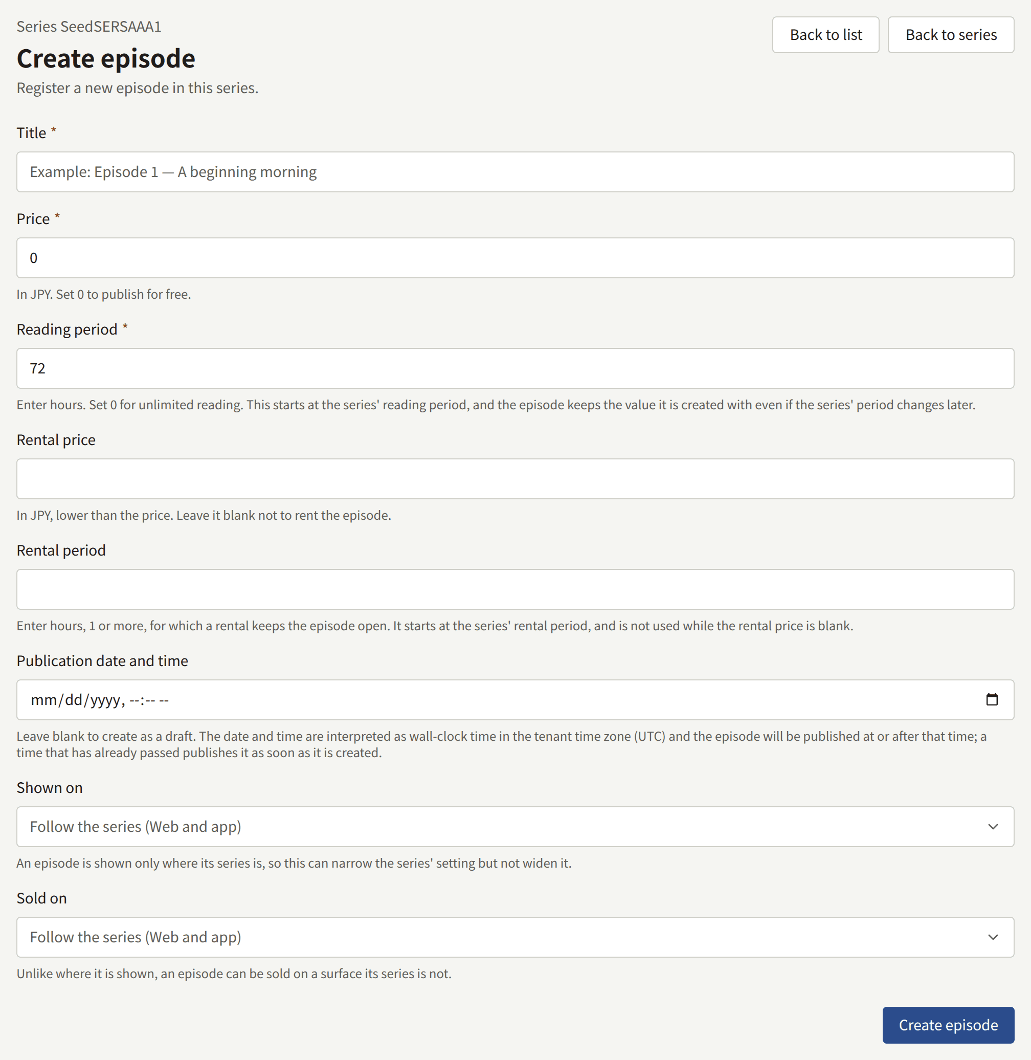 The Create episode form: Title, Price, Reading period, Rental price, Rental period, Publication date and time, Shown on, Sold on, and Create episode.