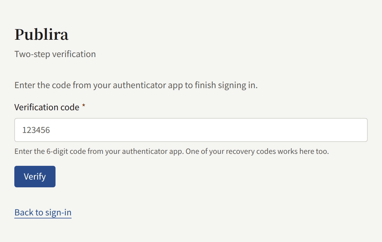 The console asking for the code from an authenticator app after the password: the Verification code field, the Verify button, and Back to sign-in.