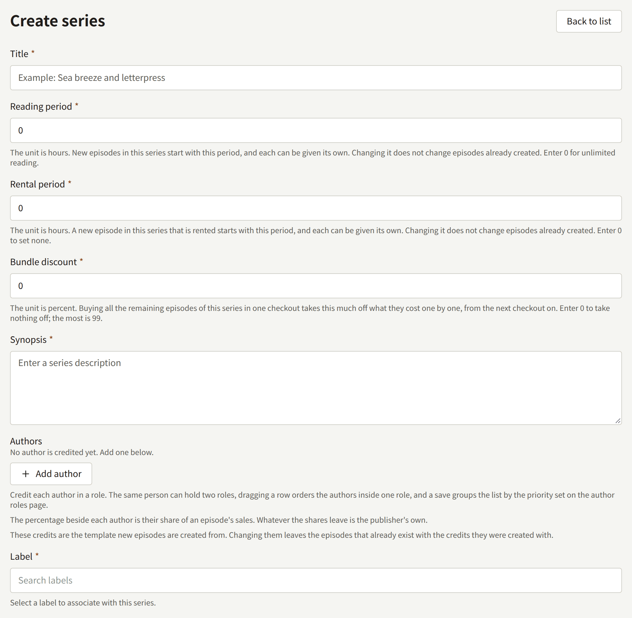 The top of the Create series form: Title, Reading period, Rental period, Bundle discount, Synopsis, Authors with Add author, and Label.