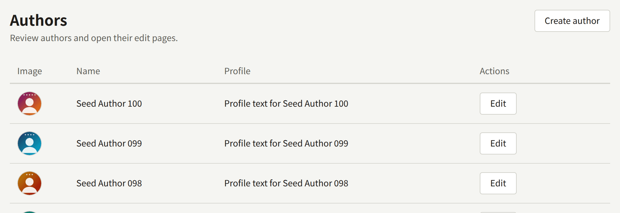 The Authors list: Create author at the top, and a row for each Author.