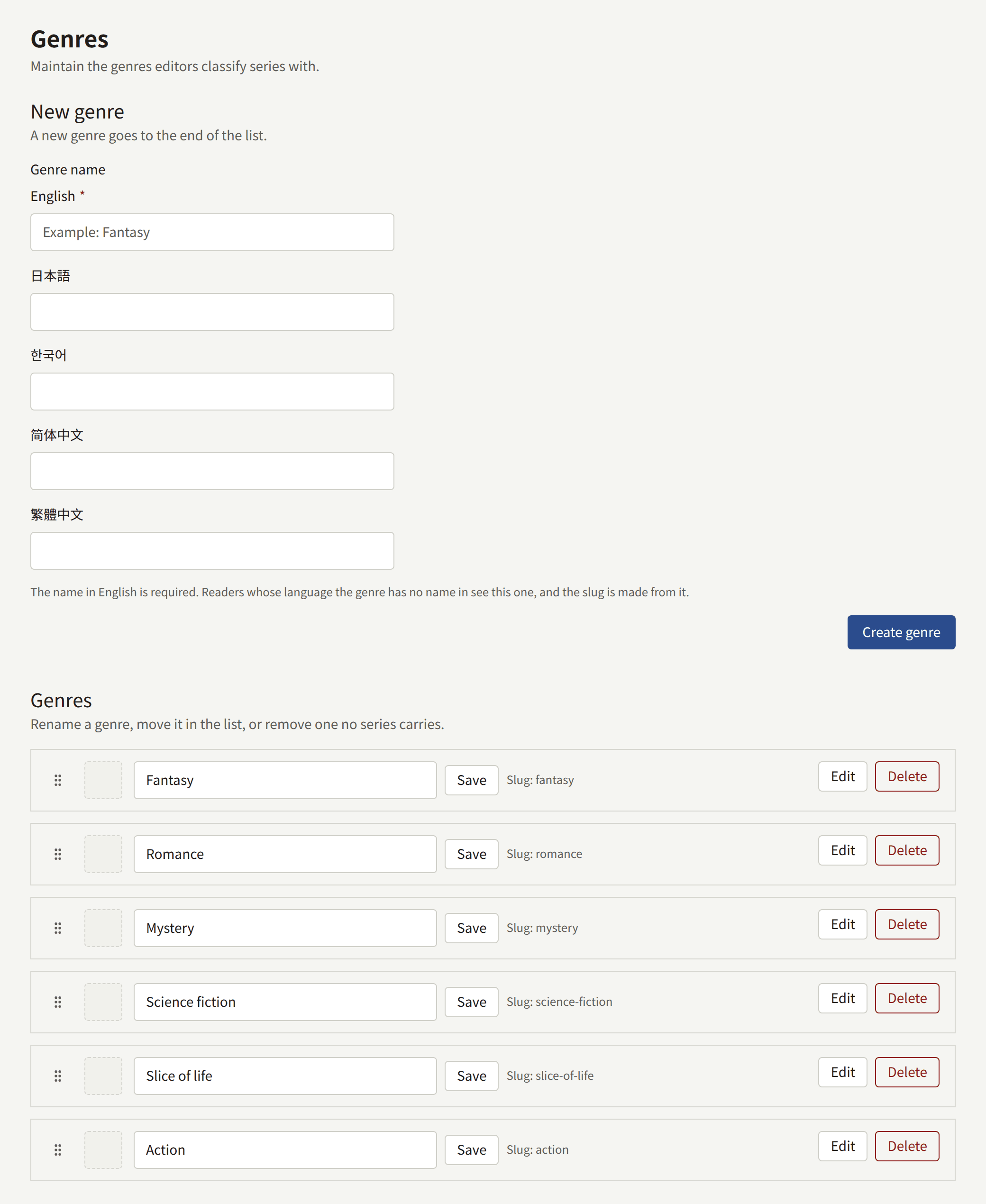 The Genres screen: New genre with a Genre name field for each language the site offers and Create genre, and the genres in order, each with a drag handle, an image, its name, Save, its slug, Edit, and Delete.