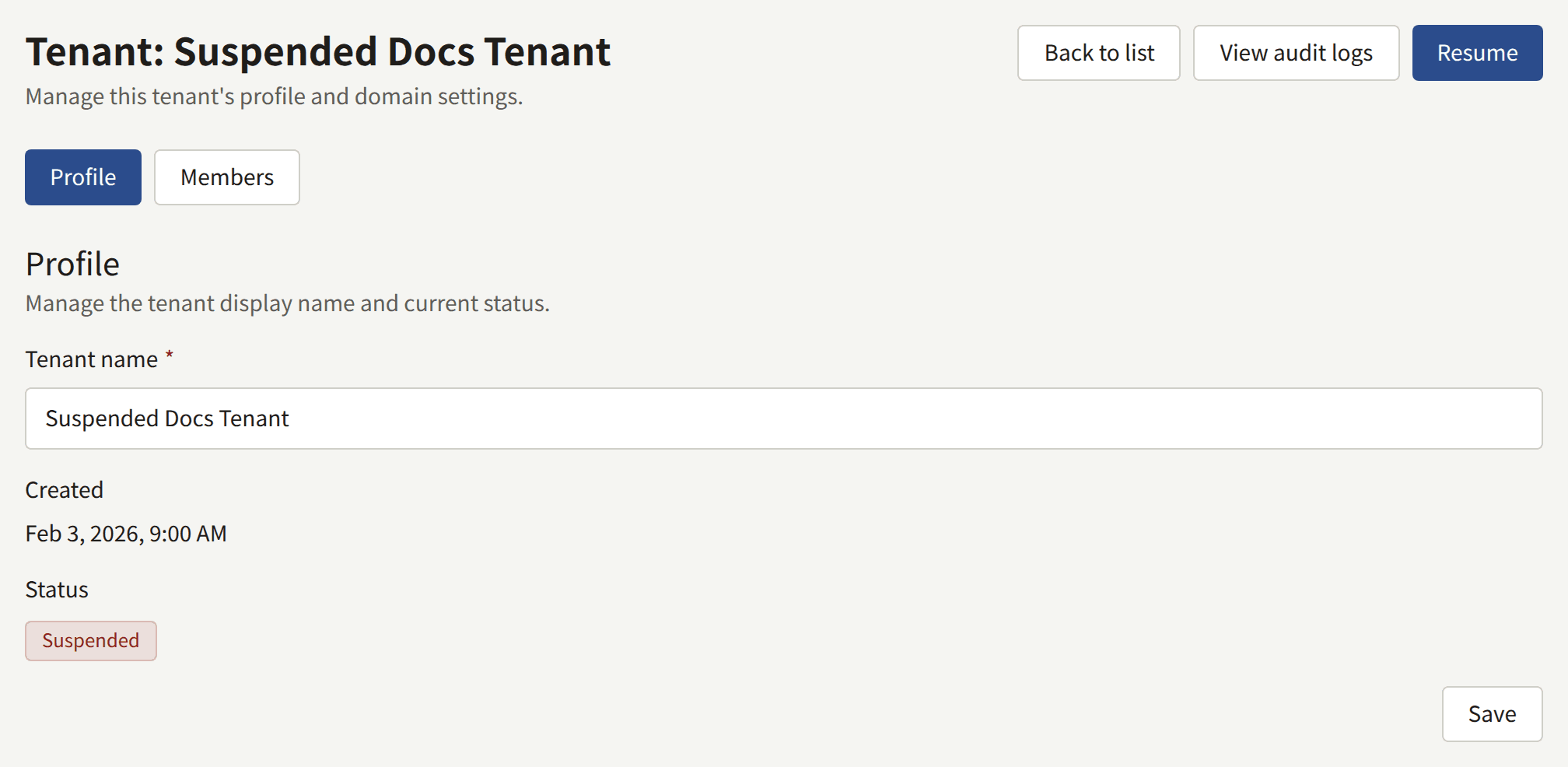 A suspended tenant's page: Resume in place of Suspend, and Suspended as its status under Profile.