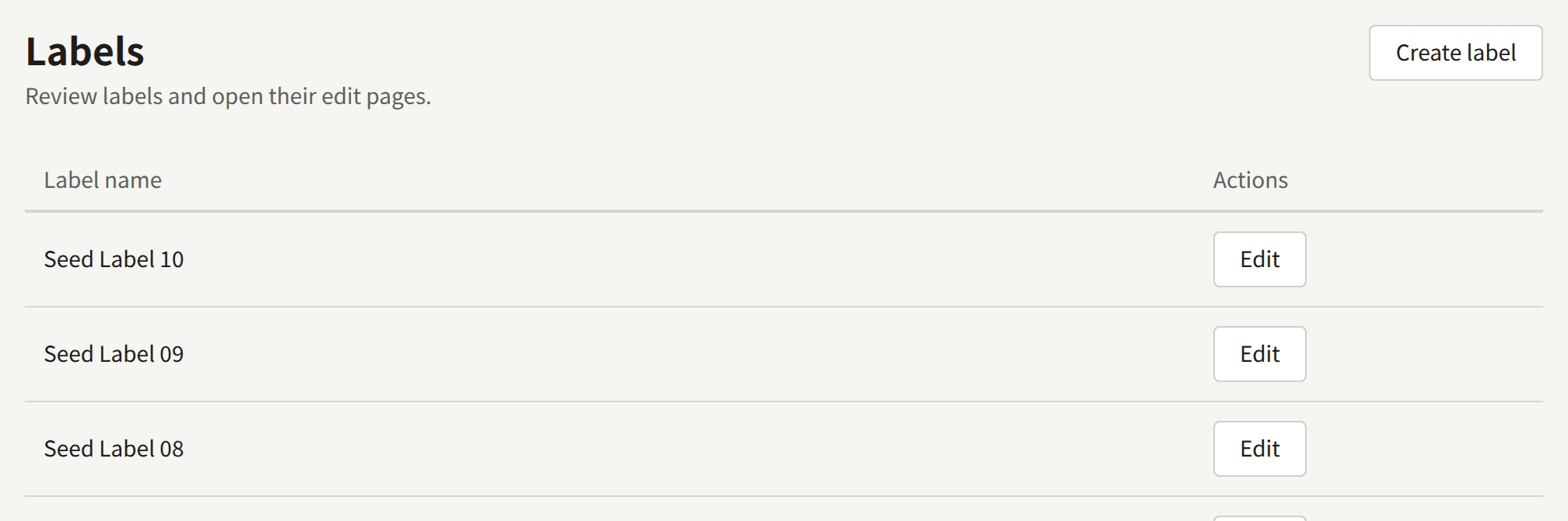 The Labels list: Create label at the top, and a row for each label.