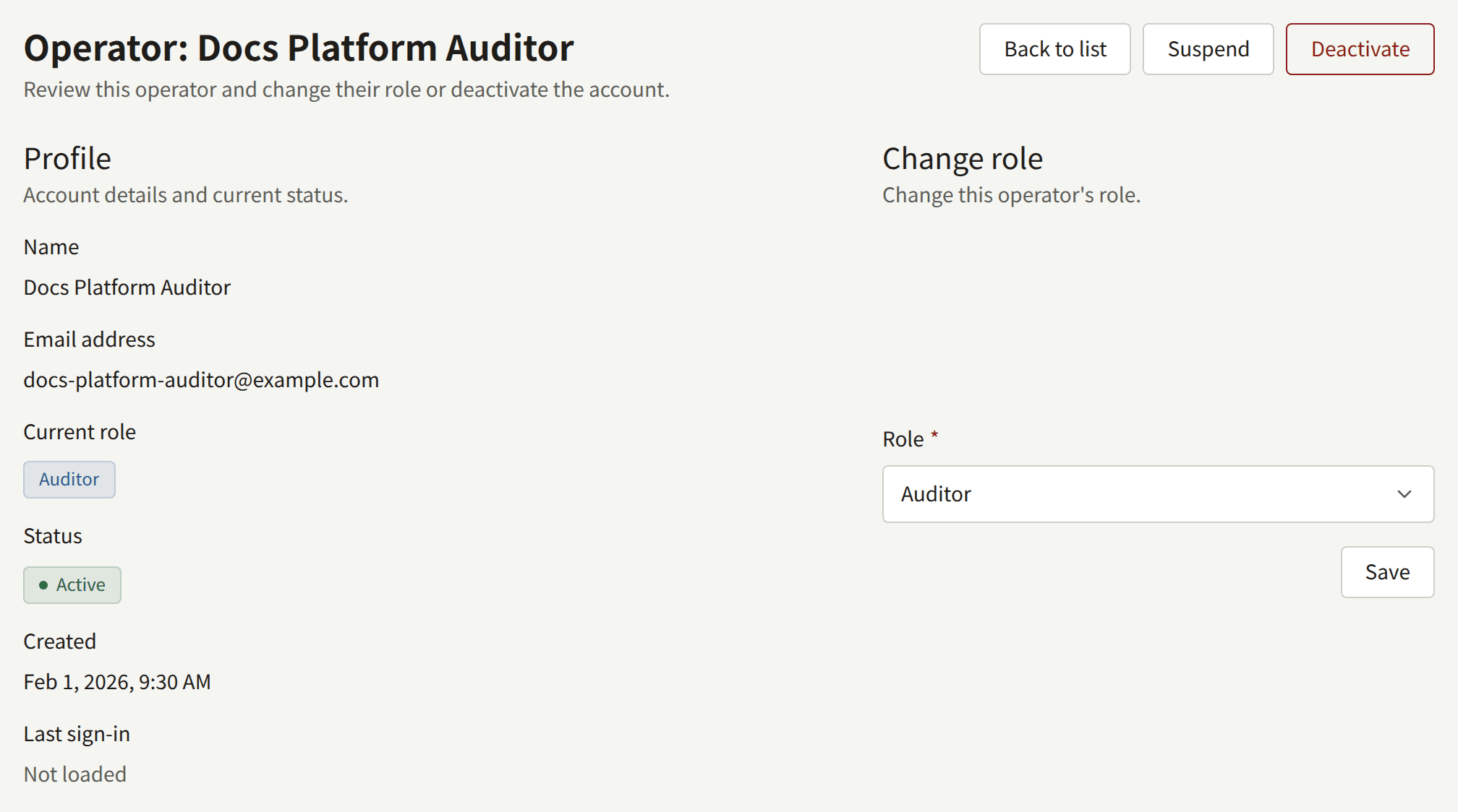 An operator's page: Suspend and Deactivate at the top, Profile with the operator's name, email address, current role, status, and when the account was created, and Change role with the Role field and Save.