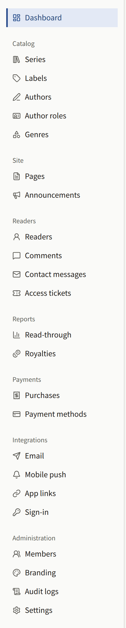 A Tenant admin's sidebar: Dashboard, then the Catalog, Site, Readers, Reports, Payments, Integrations, and Administration groups with every screen in each.