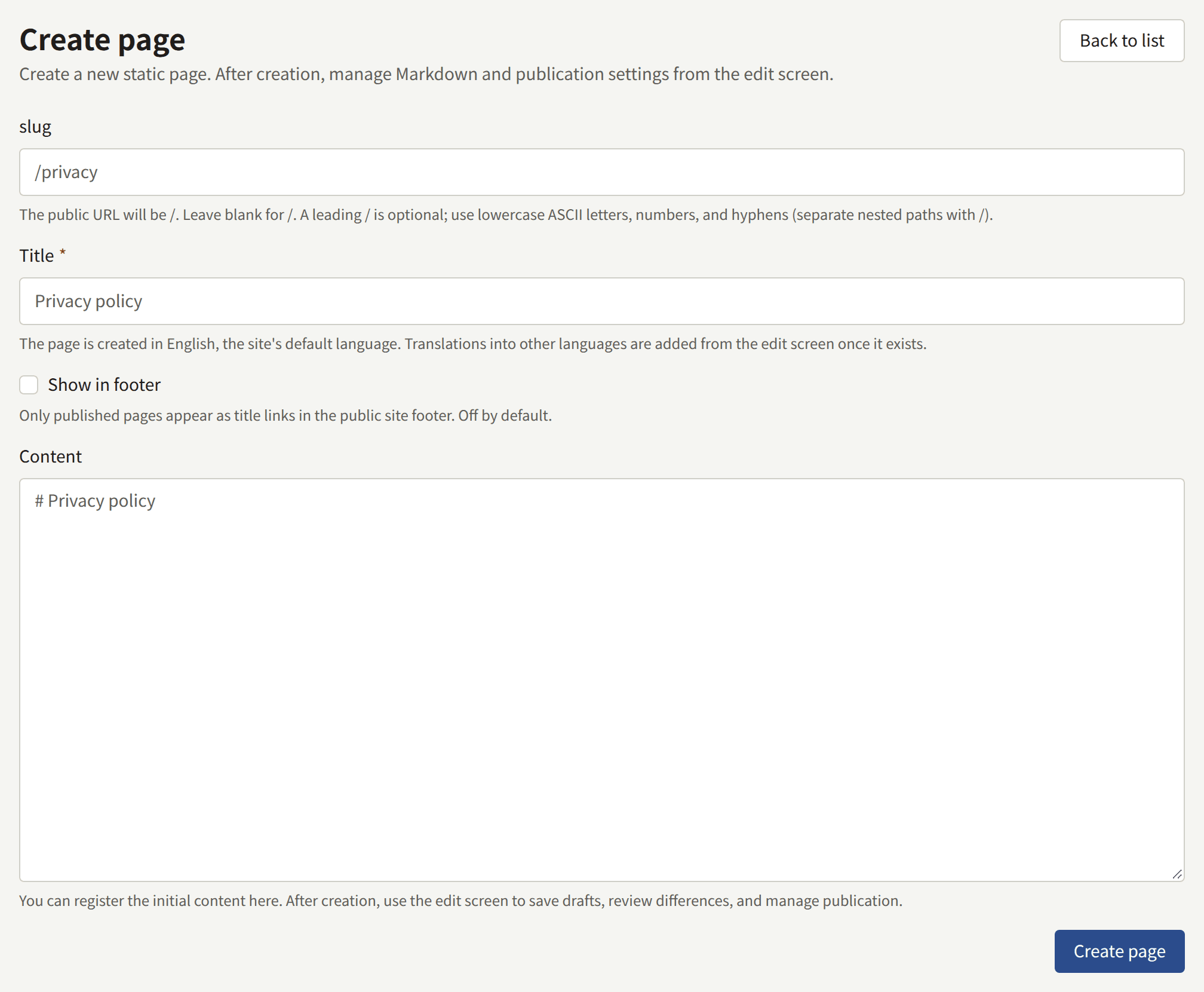 The Create page form: slug, Title, Show in footer, Content, and Create page.