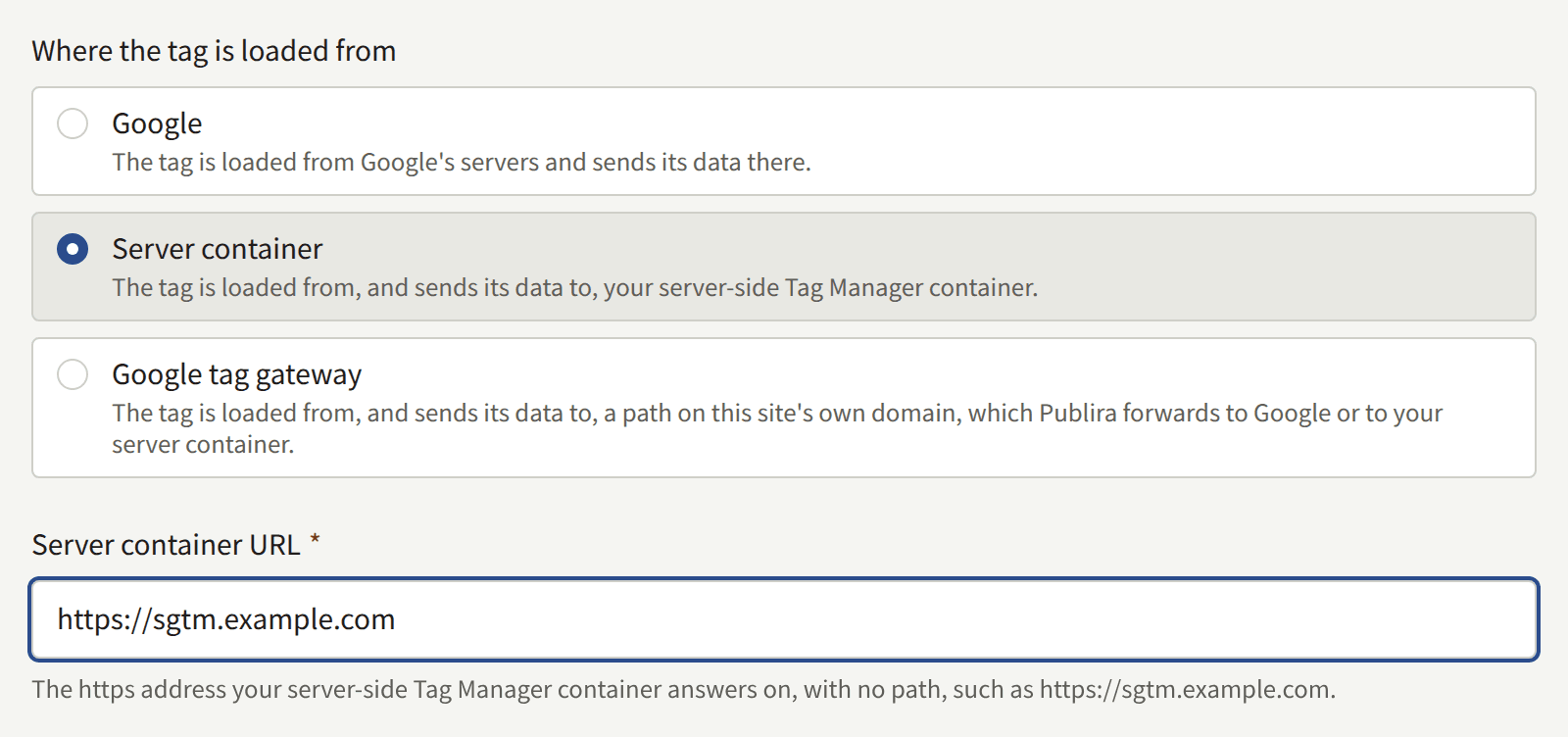 The Server container mode: Where the tag is loaded from with Server container chosen, and the Server container URL below it.