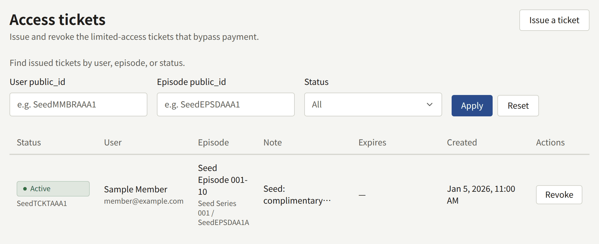 The Access tickets list: Issue a ticket at the top, the User public_id, Episode public_id, and Status filters, and an active ticket with its user, episode, note, expiry, and creation time, and Revoke.
