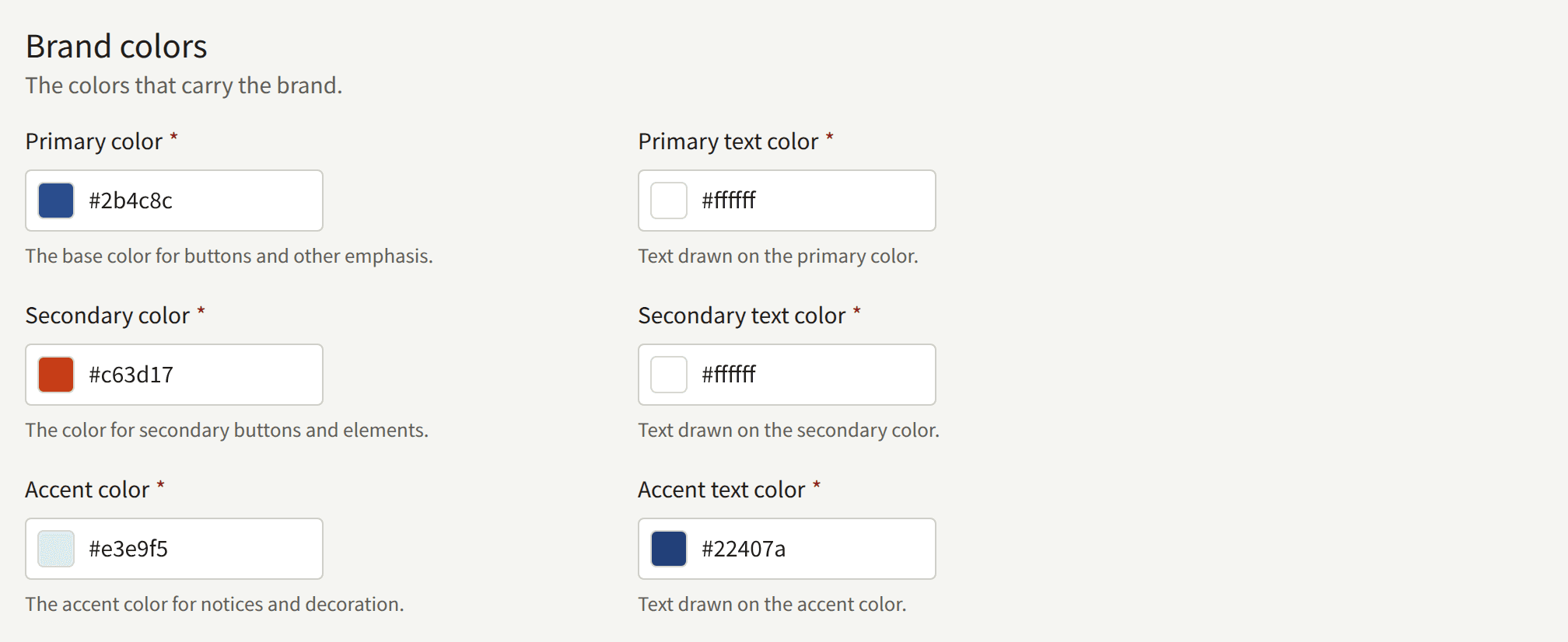 The Brand colors group: the Primary, Secondary, and Accent colors, each with the text color drawn on it, entered as #RRGGBB or chosen with the swatch beside it.