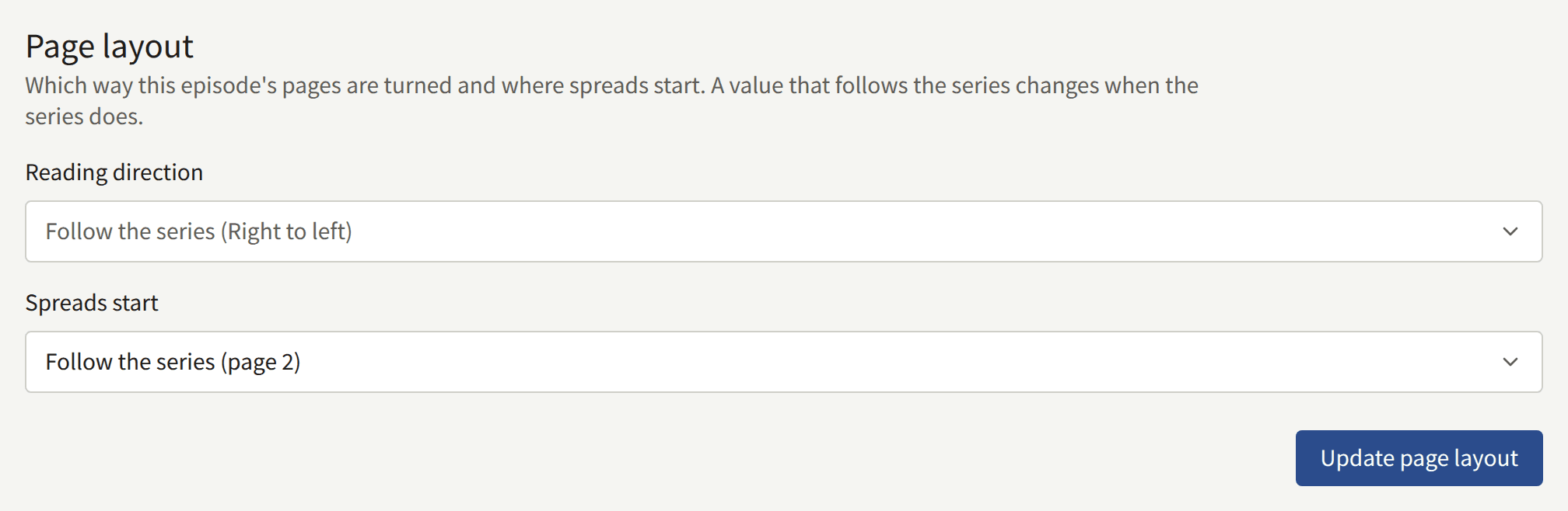 The Page layout section: Reading direction and Spreads start, both following the series, and Update page layout.
