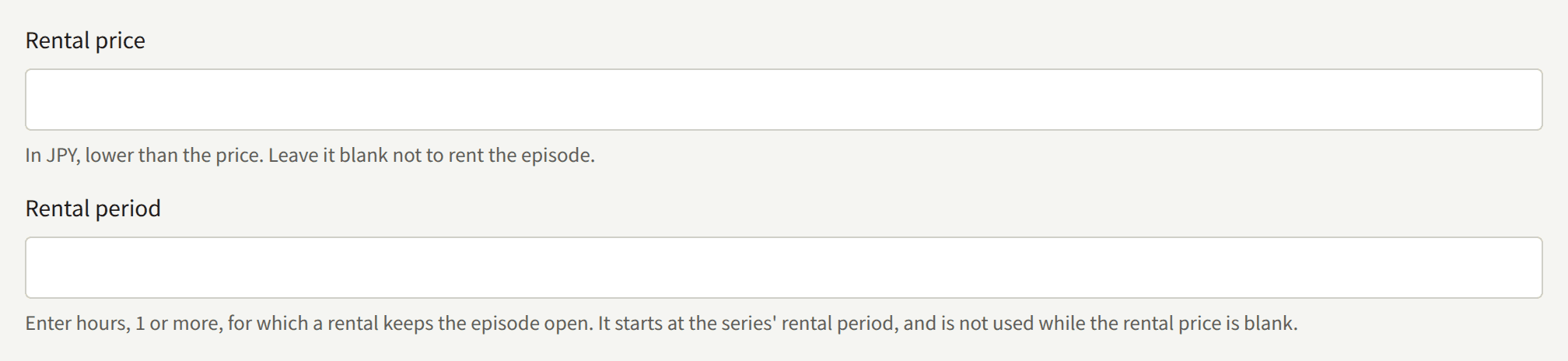 The Rental price and Rental period fields of the Create episode form.