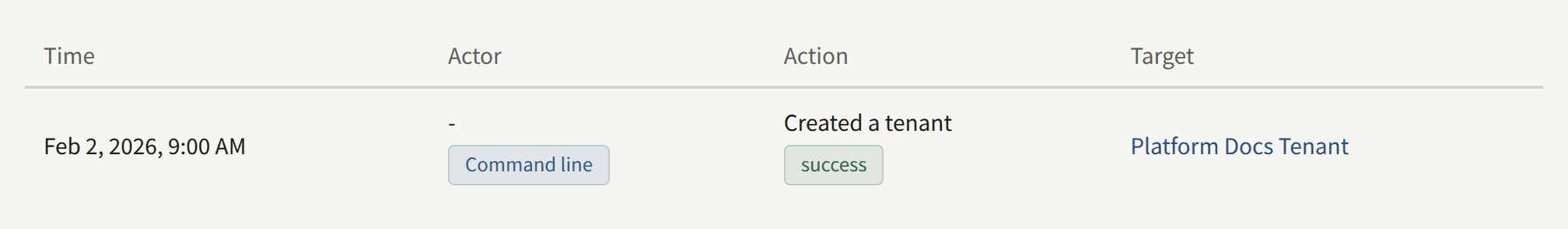 An entry of the Platform Console's audit log: Created a tenant, with Command line as its actor, the outcome success, and the tenant it created.