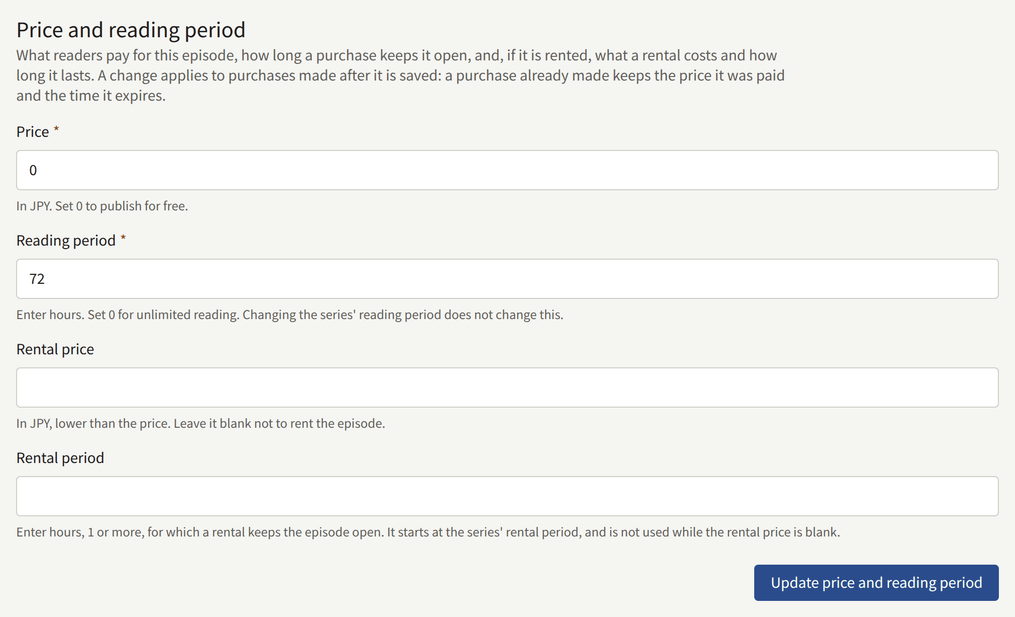 The Price and reading period section of an episode: the Price, Reading period, Rental price, and Rental period fields holding the episode's values, and Update price and reading period.