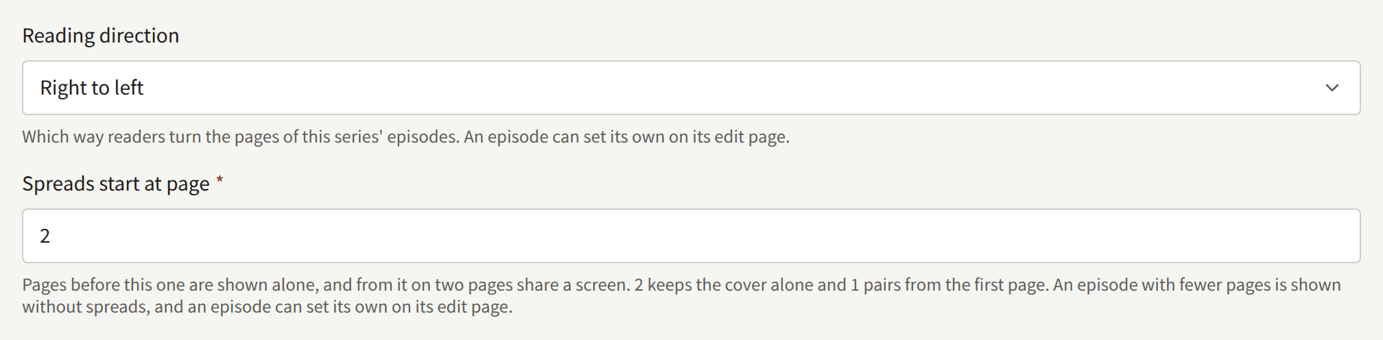 The Reading direction field set to Right to left, and Spreads start at page set to 2.
