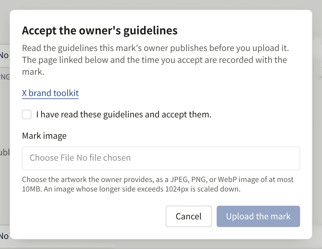 The dialog for the X share button: the link to the X brand toolkit, the box accepting it, and the Mark image field and Upload the mark, both off until the box is ticked.