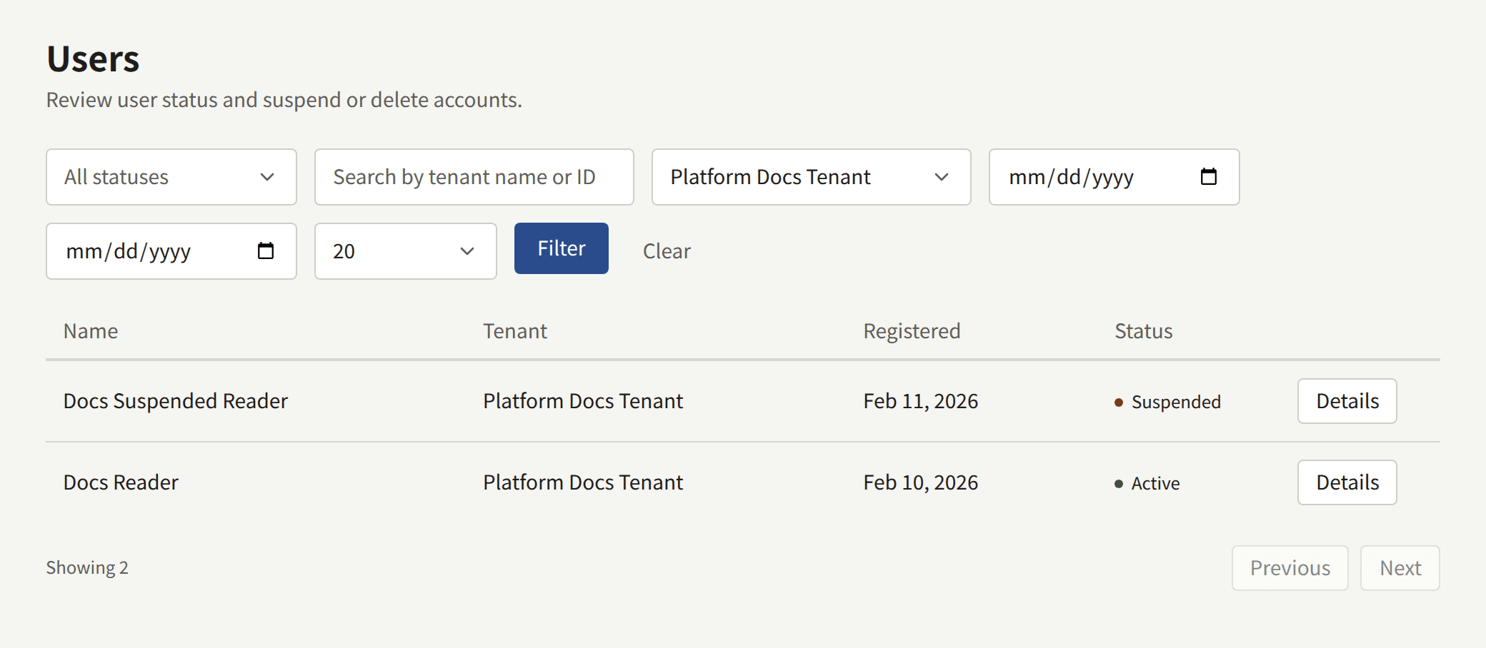 The Users list narrowed to one tenant: the status, tenant search, tenant, registration date, and page size filters with Filter and Clear, and two readers, one suspended and one active, each with their tenant, registration date, and Details.