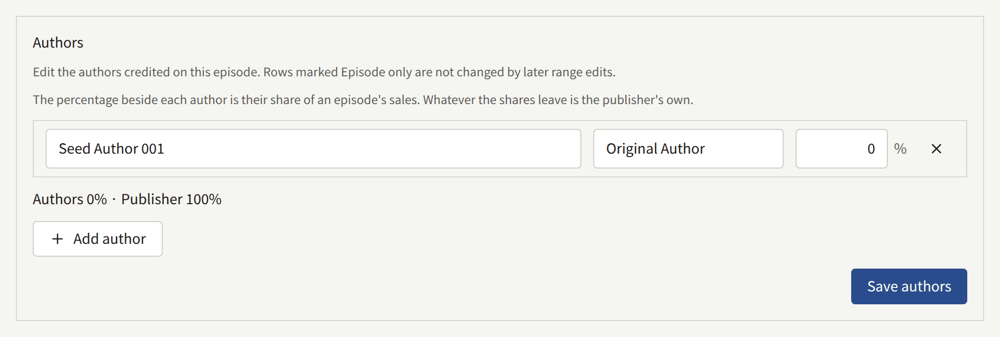 The Authors section of an episode: a credit naming an Author, a role, and a share, the authors' and the publisher's shares in total, Add author, and Save authors.