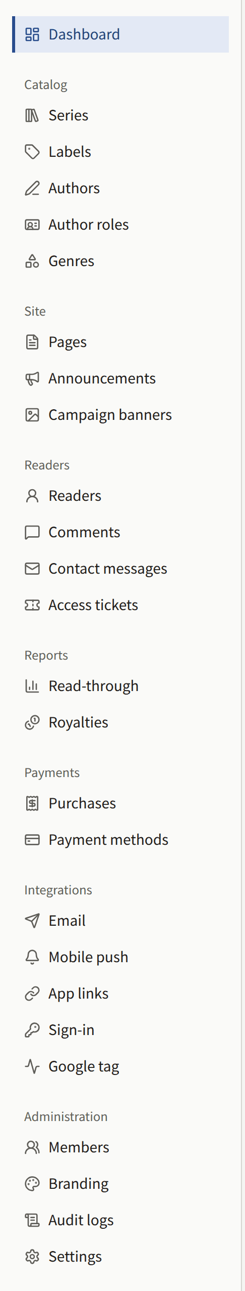 A Tenant admin's sidebar: Dashboard, then the Catalog, Site, Readers, Reports, Payments, Integrations, and Administration groups with every screen in each.