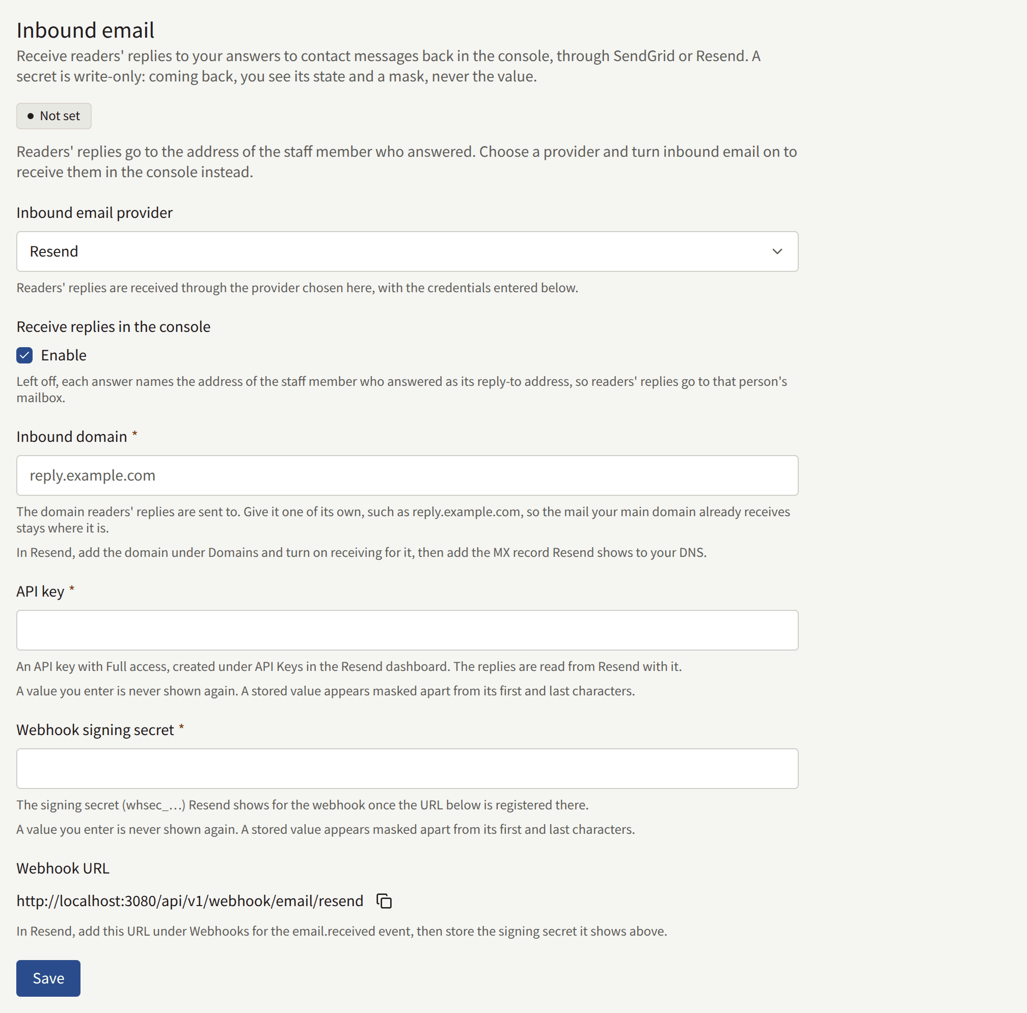 The Inbound email section with Enable ticked: Inbound email provider, Inbound domain, the provider's credentials, the Webhook URL with a button to copy it, and Save.