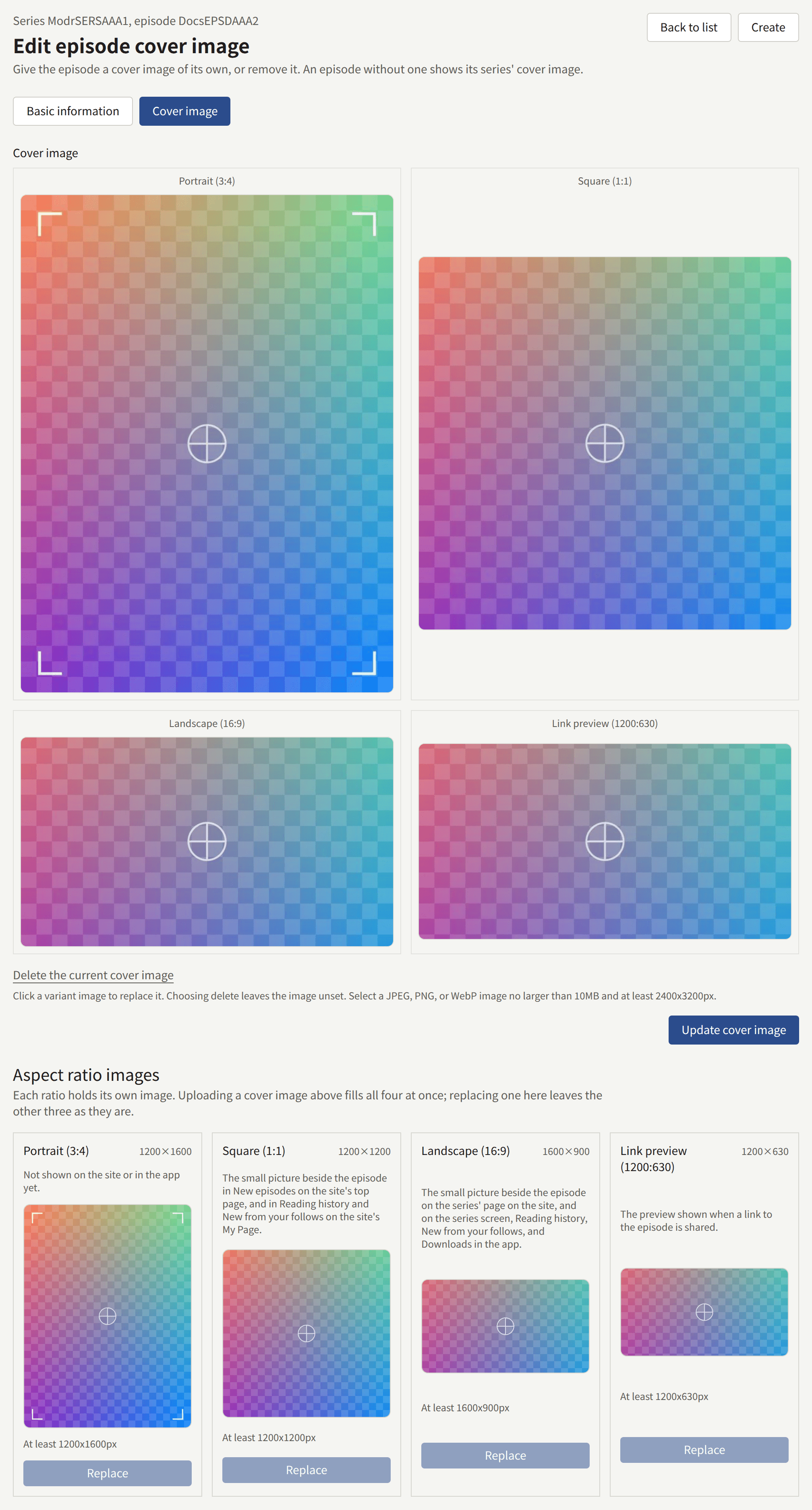 An episode's Cover image tab: the Basic information and Cover image tabs under the note that an episode without a cover of its own shows its series' cover image, the episode's cover cut into its portrait, square, landscape, and link preview shapes, Delete the current cover image and Update cover image under them, and Aspect ratio images, where each shape's slot gives its size, where it is used, and Replace.