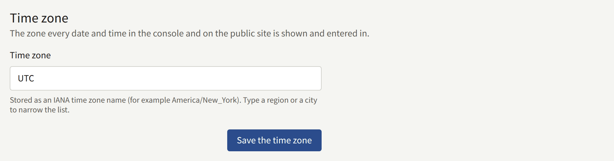 The Time zone card: the Time zone field and Save the time zone.