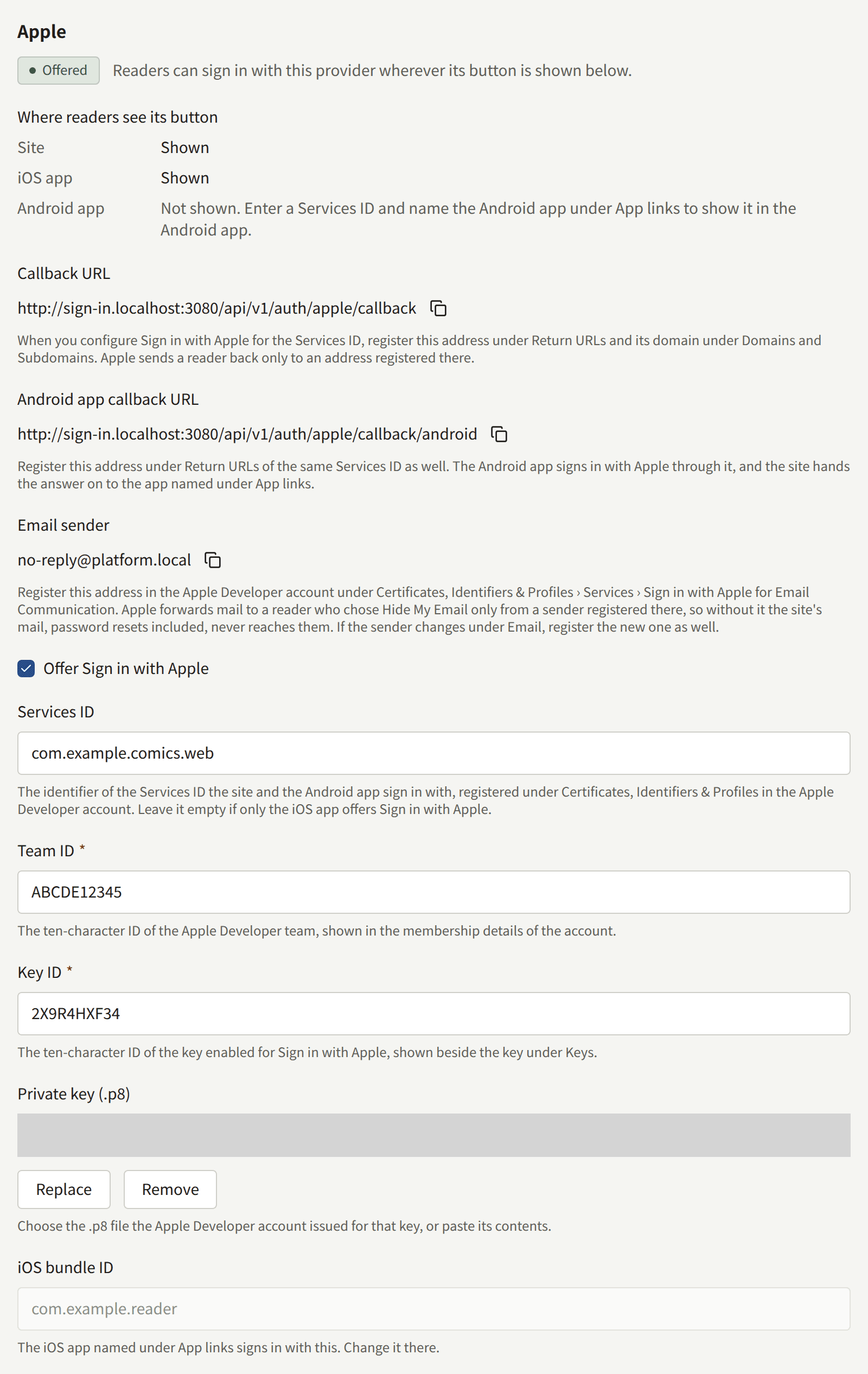 The Apple section once saved: Offered, Where readers see its button for the site, the iOS app, and the Android app, the Callback URL and the Android app callback URL with buttons to copy them, the Email sender with a button to copy it, Offer Sign in with Apple, Services ID, Team ID, Key ID, the stored private key, covered over in this picture, with Replace and Remove, and the iOS bundle ID named under App links.