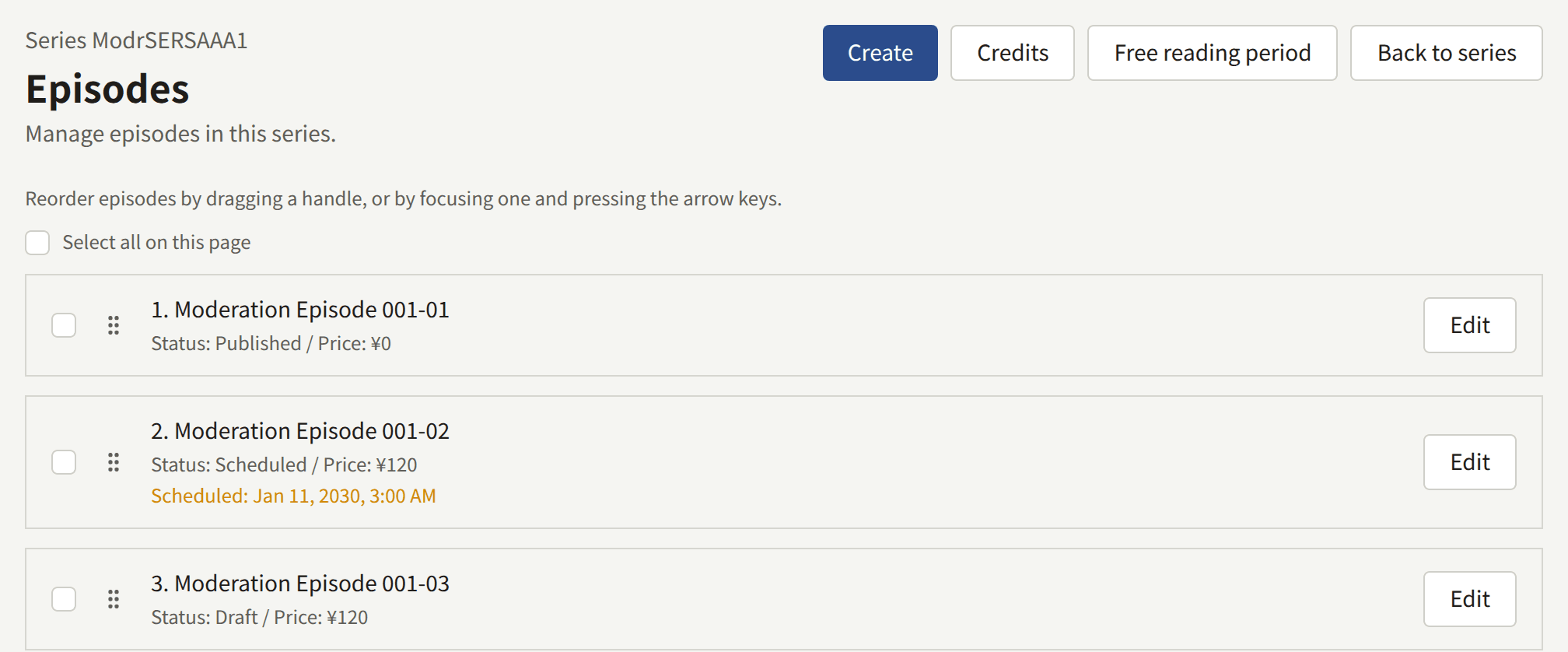 The episode list of a series: Create, Credits, Free reading period, and Back to series at the top, Select all on this page, and a row for each episode with a checkbox, a drag handle, its position and title, its status and price, and Edit. The first episode is published, the second scheduled, with the time it is due, and the third a draft.