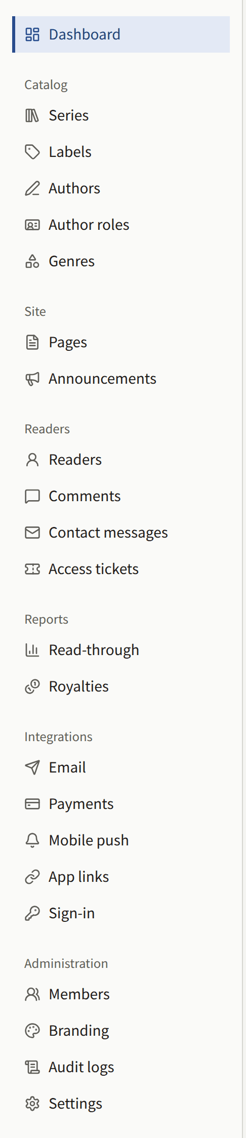 A Tenant admin's sidebar: Dashboard, then the Catalog, Site, Readers, Reports, Integrations, and Administration groups with every screen in each.