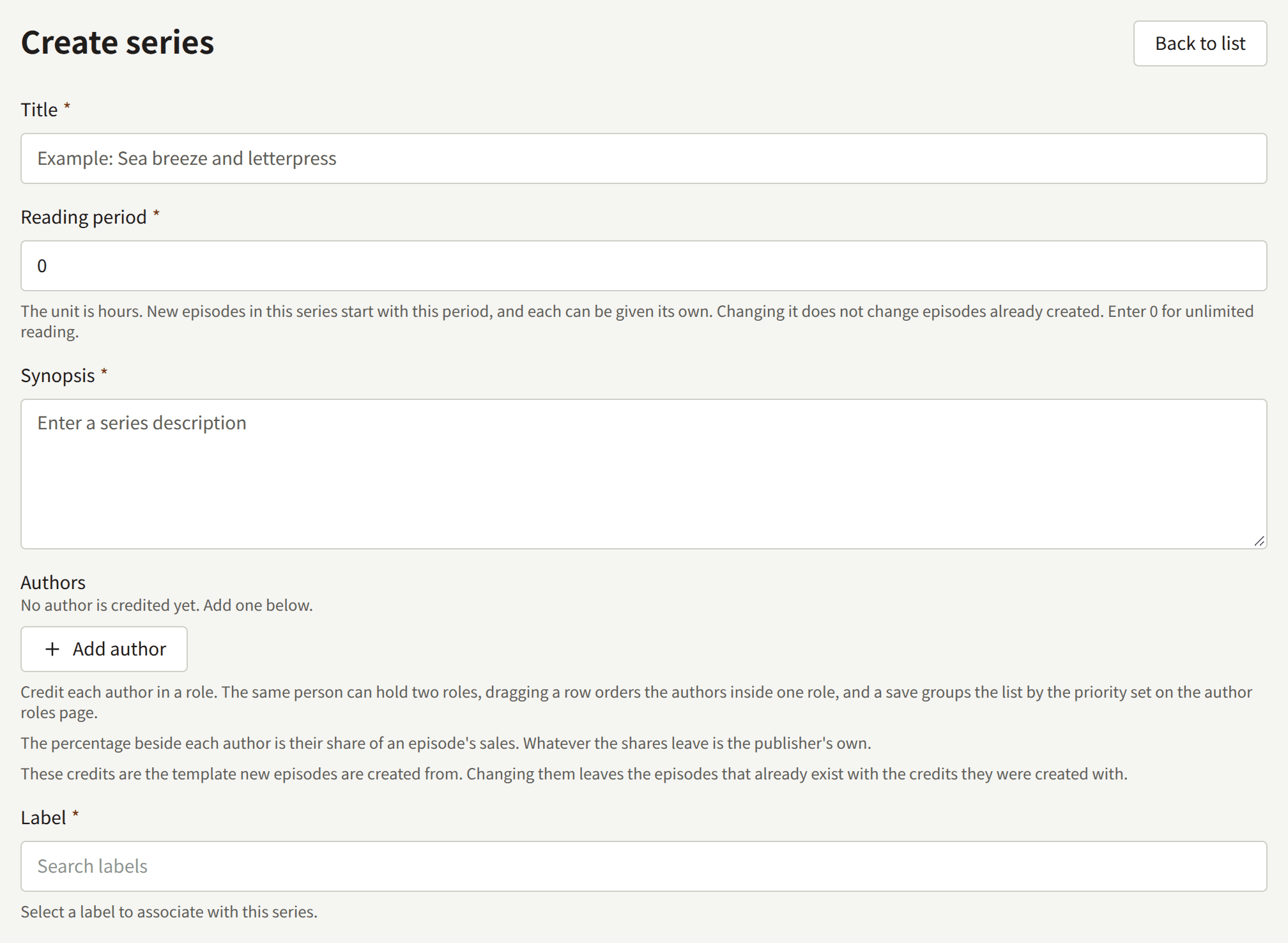 The top of the Create series form: Title, Reading period, Synopsis, Authors with Add author, and Label.