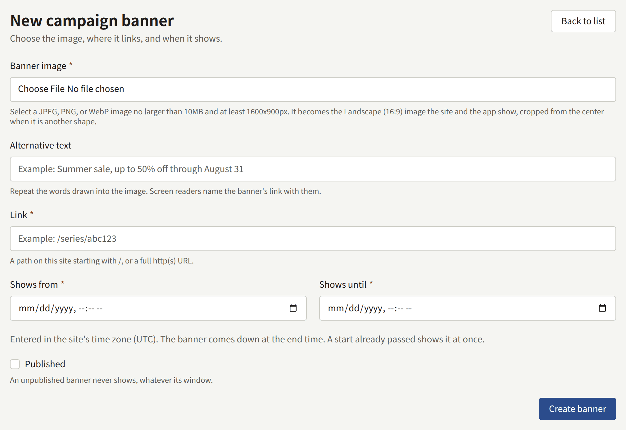 The New campaign banner form: Banner image, Alternative text, Link, Shows from and Shows until with the note that times are entered in the site's time zone, Published, and Create banner.